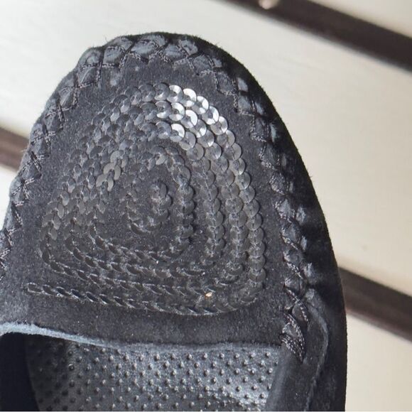 Via Spiga Black Suede Spiral Sequin Moccasin Loafers Size 6M - Picture 10 of 16